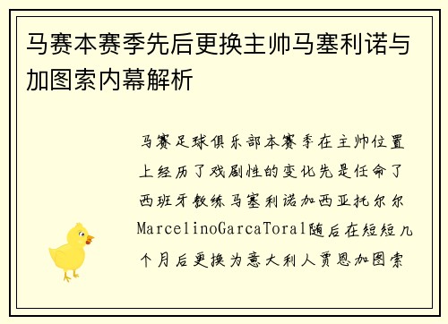 马赛本赛季先后更换主帅马塞利诺与加图索内幕解析