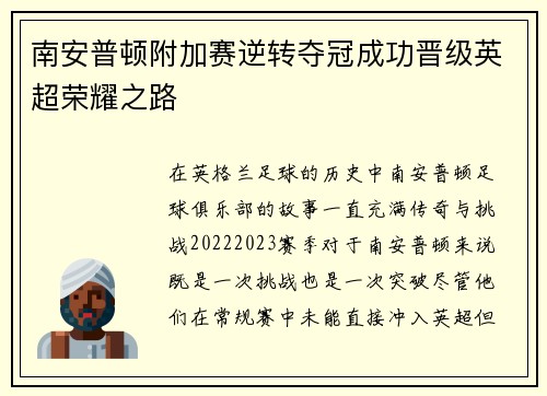 南安普顿附加赛逆转夺冠成功晋级英超荣耀之路